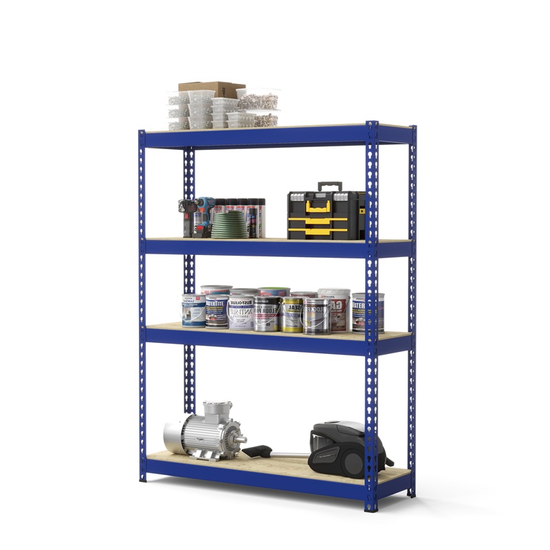 Стеллаж Профи Т (2000/1540/455), синие стяжки, 4 яруса фанера